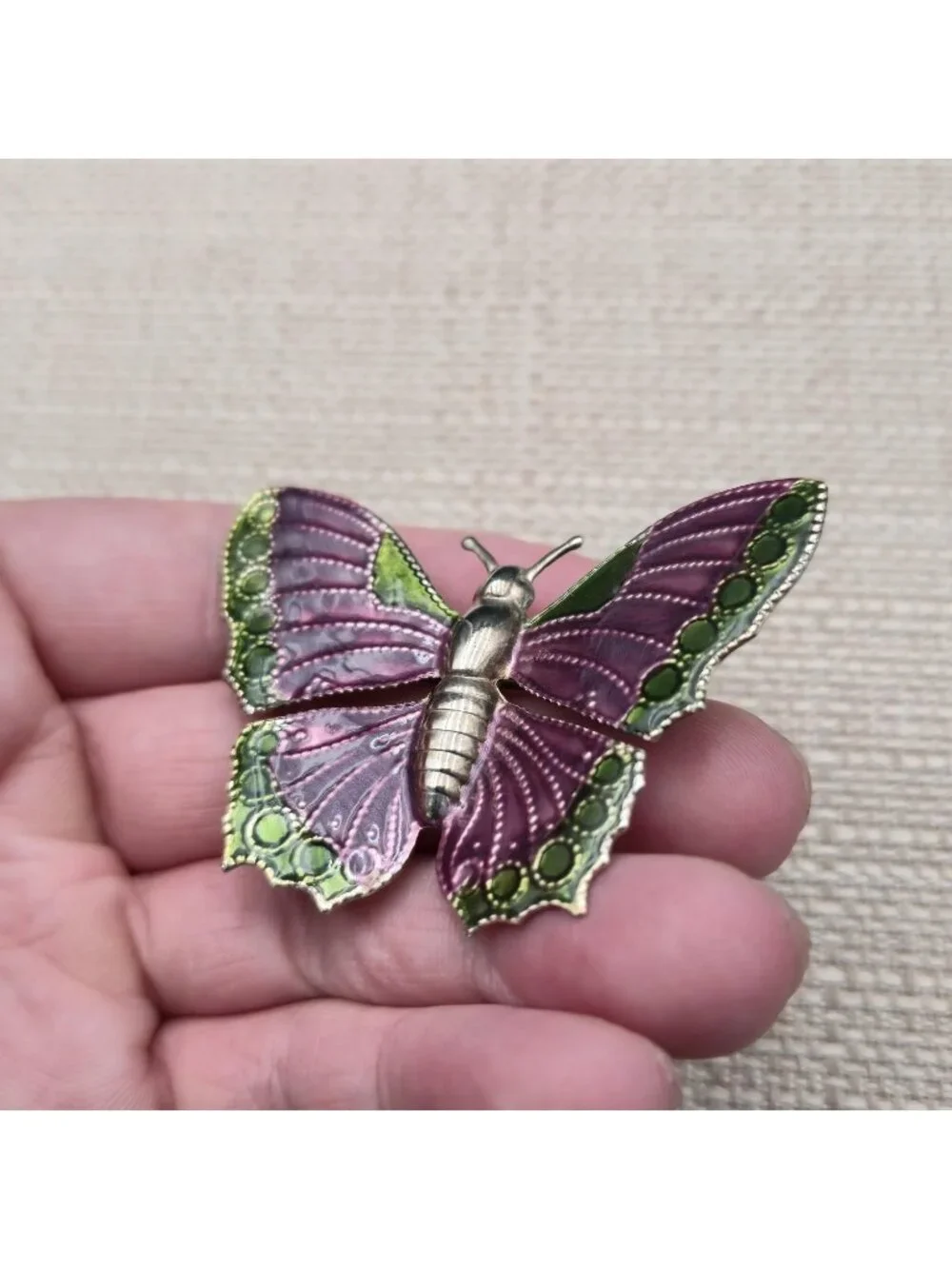 Vintage Purple and Green Enamel Butterfly - Shimmering Insect Pin Brooch B1436